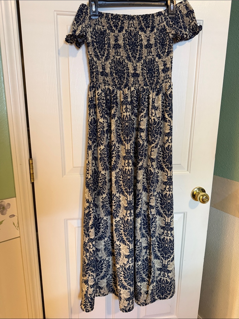 Off-Shoulder Navy and Cream Printed Maxi Dress